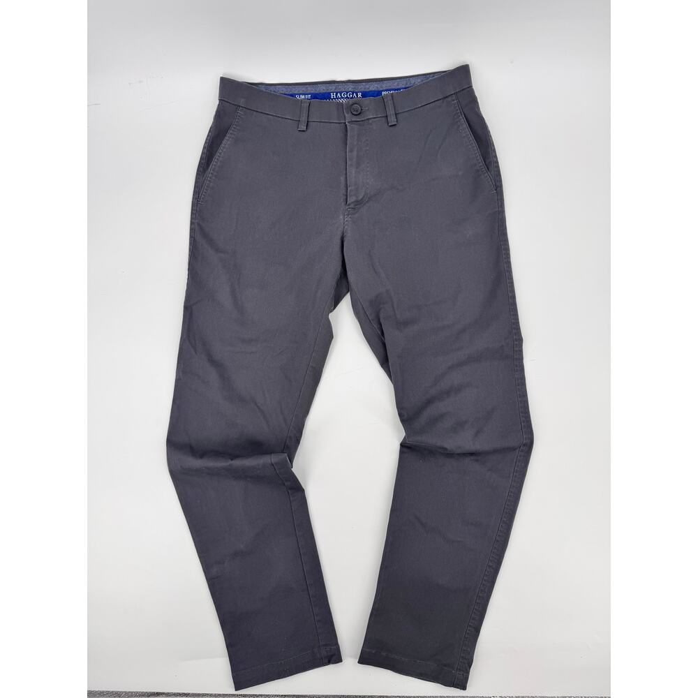 Haggar Premium Comfort Mens Pants 34x32 Gray Slim Fit Stretch Chino